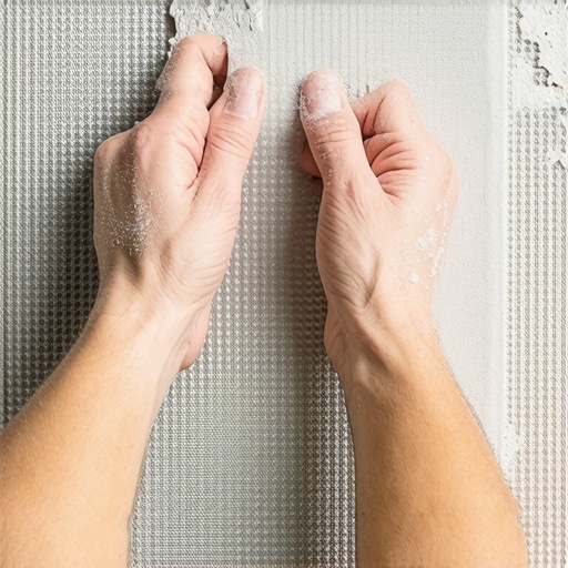 A close-up of a person removing mosaic tiles from mesh backing for manual placement during a backsplash installation.