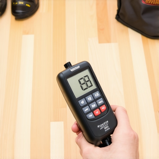 Using a non-destructive digital moisture meter to check hardwood floor humidity before installation.