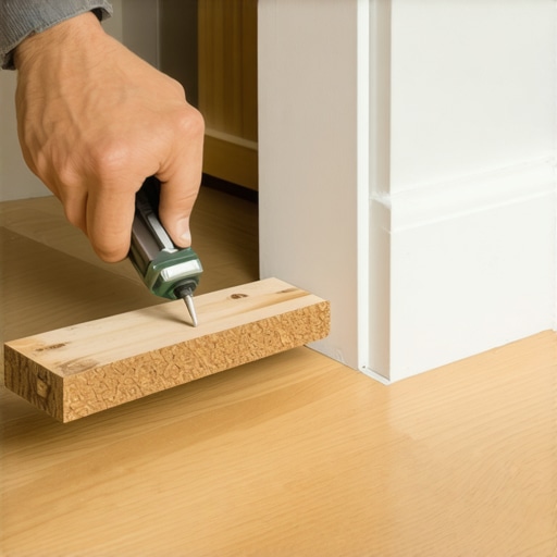 A close-up of a wooden shim filling a gap between a baseboard and an uneven hardwood floor.