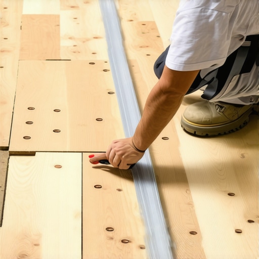 Identifying Subfloor Dips with a Straightedge A person checking for subfloor flatness using a long level on a wooden subfloor before floor repair.