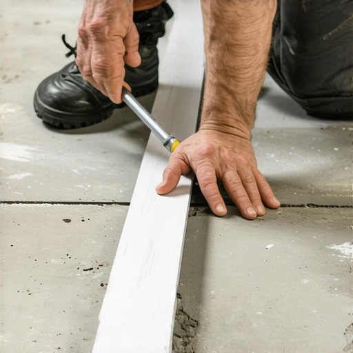 A contractor using a straight edge and chalk to identify uneven areas on a concrete floor before installing tiles.