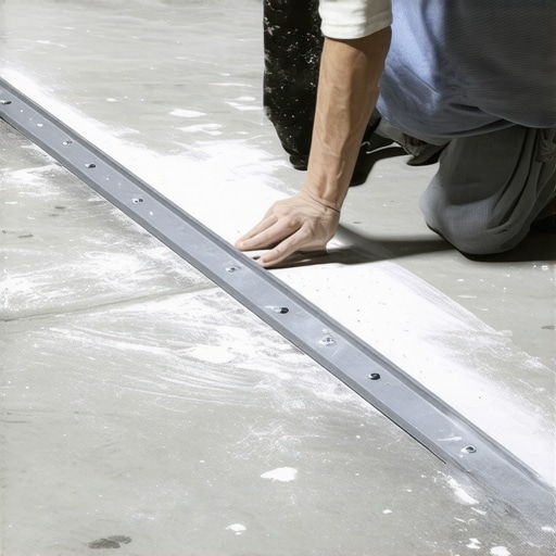 Identifying low spots on a subfloor with chalk A contractor using a straight edge and chalk to find dips in a concrete floor before installing vinyl planks.