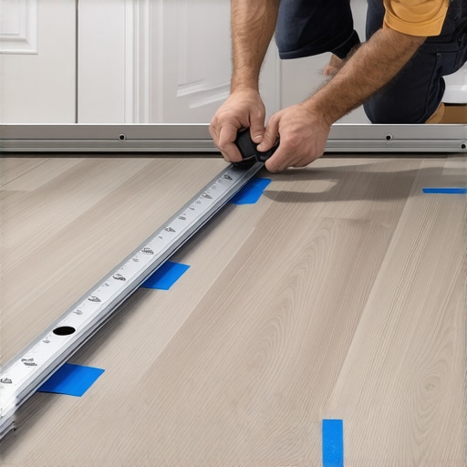 Identifying subfloor low spots with a level Contractor checking for floor flatness using a straightedge and marking clicks with blue tape.