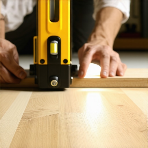 A person checking for gaps under a floor transition strip using a flashlight and straight edge level.