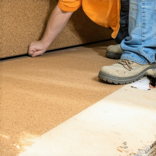 Natural cork underlayment being laid on a flat subfloor to reduce impact noise.