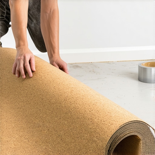 A worker laying natural cork underlayment sheets on a leveled concrete subfloor for soundproofing.