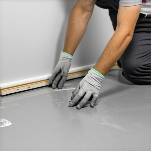 Installing a Radius Cove Stick for Flash Coving Close-up of a flooring professional installing a plastic cove stick at a wall-to-floor junction.