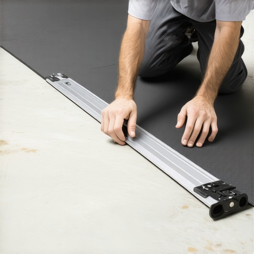 Installing high density underlayment for soundproofing Close up of a contractor laying black rubber underlayment on concrete with a level tool