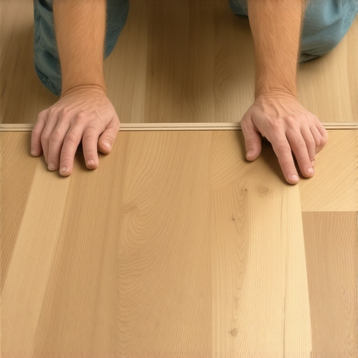 Installing luxury vinyl plank flooring at a forty five degree angle Close up of installing LVP floor planks at a forty five degree angle for a seamless joint connection