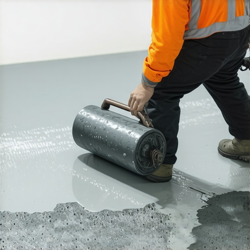 Worker leveling floor using professional spiked roller on fresh compound