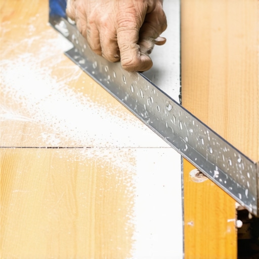 Locating subfloor dips with chalk dust A straightedge showing a low spot on a subfloor marked with white chalk