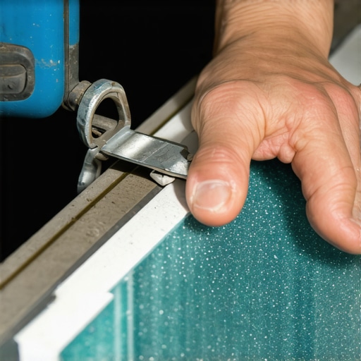 Close-up of a manual tile cutter scoring a blue glass tile for a clean break.