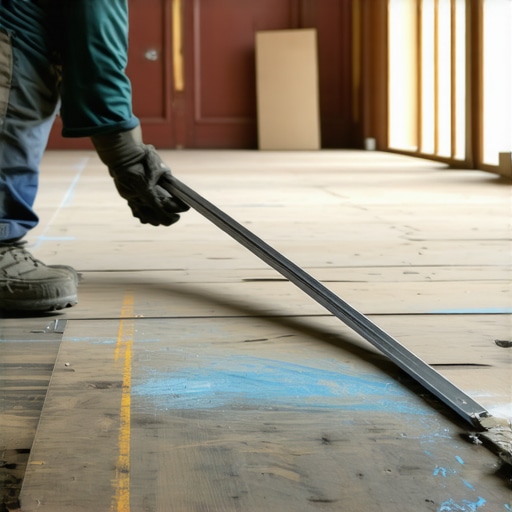 Technician using a straightedge and chalk to identify uneven areas on an old wooden subfloor.