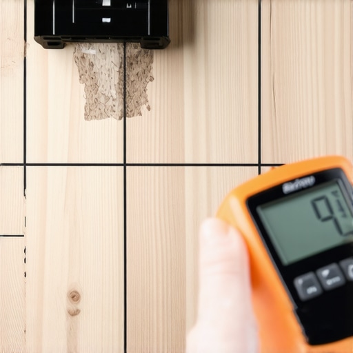 Mapping subfloor moisture with a digital meter A technician using a moisture meter on a chalk-gridded plywood subfloor to check for damp spots before installation.