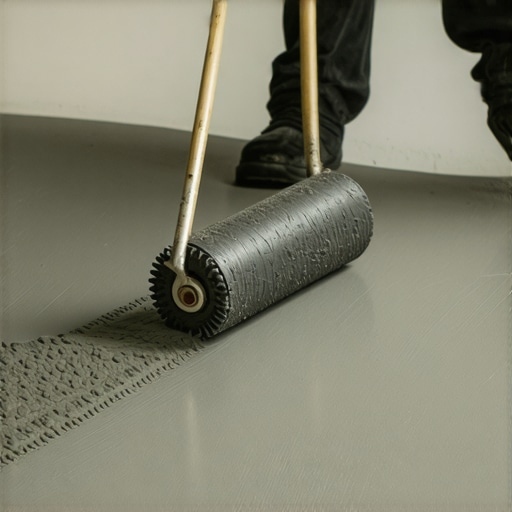 A DIYer using a spiky roller on a self-leveling compound to prepare a subfloor for hardwood installation.