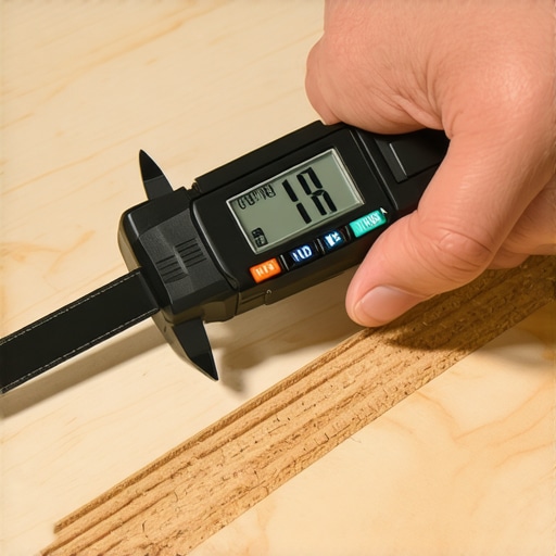 A hand using a digital caliper to measure the thin top wear layer of an engineered wood flooring plank.