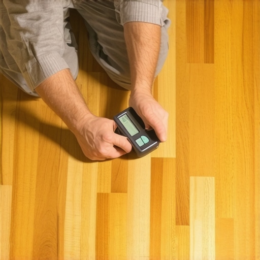 Pinless moisture meter scanning white oak flooring near a stone hearth