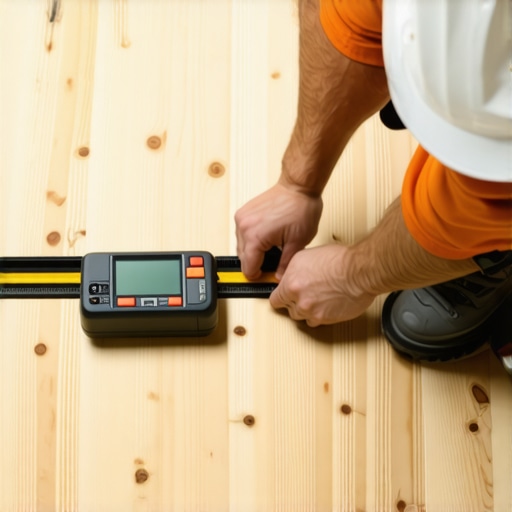 Professional contractor checking floor joist deflection to prevent tile cracks