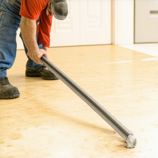 A contractor checking for dips and humps on a plywood subfloor using a 10-foot straightedge beam.