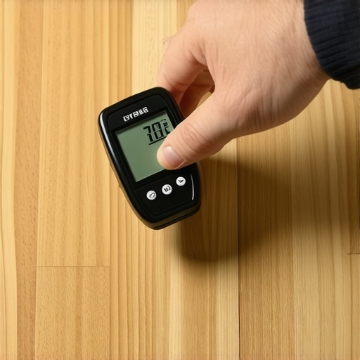 A digital moisture meter being used on a hardwood floor to check for proper acclimation.
