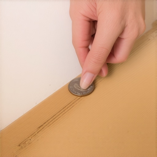 A person uses the quarter trick to verify the expansion gap on a hardwood floor installation.