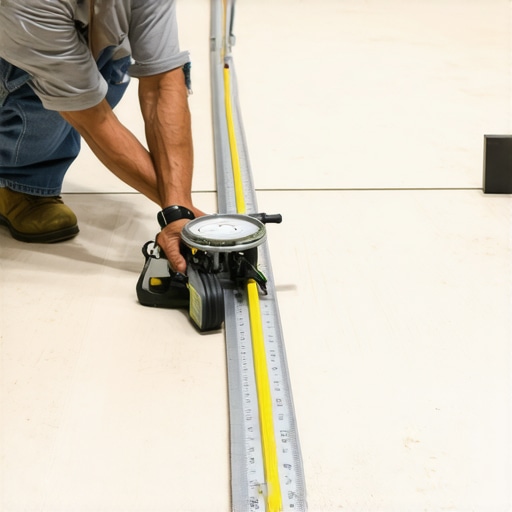 Worker checking subfloor flatness with a straight edge and gauge