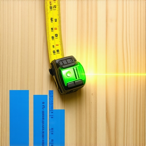 Measuring subfloor flatness with a laser level A vertical tape measure showing a green laser line indicating subfloor height measurements.