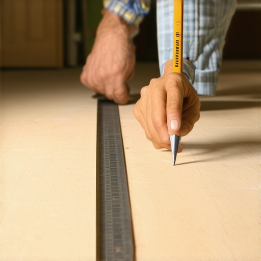Contractor measuring plywood subfloor flatness with a metal straightedge