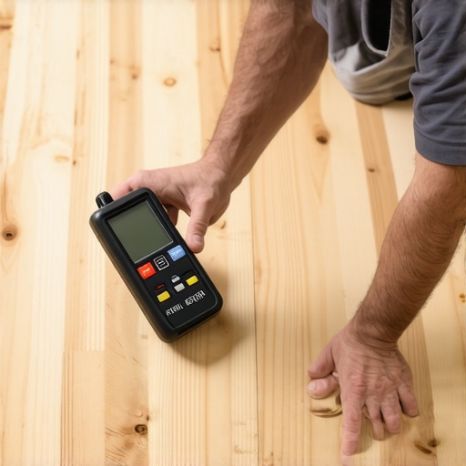 Measuring subfloor moisture with a pinless meter A pro using a digital moisture meter on plywood before installing hardwood floors.