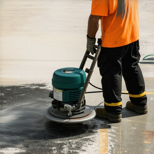Mechanical diamond grinding for epoxy floor preparation Industrial floor grinder preparing concrete for epoxy coating