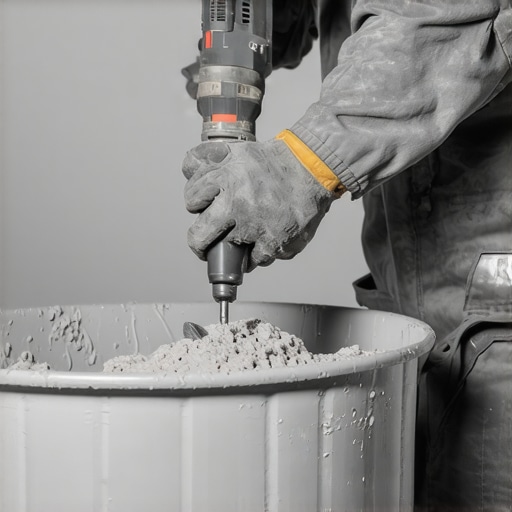 Mixing Self-Leveling Compound Like a Pro A worker using a low-speed mixer to prepare self-leveling floor compound to avoid air bubbles.