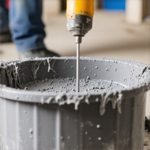 Mixing floor leveler at the correct RPM A professional mixing self-leveling compound with a low-speed drill to prevent air bubbles.