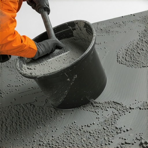 A worker mixing floor leveler at low speed to prevent air bubbles and structural failure.