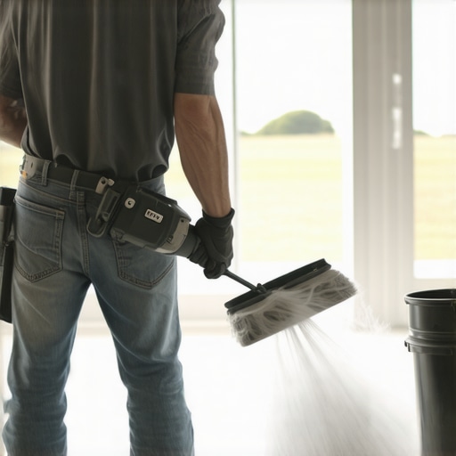 Mixing self-leveling compound with a heavy-duty drill Contractor mixing grey self-leveling floor compound in a bucket for floor preparation.