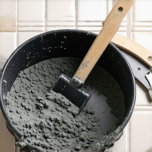 Mixing small batches of rapid-set mortar Close-up of tile mortar being mixed to a thick creamy consistency in a bucket