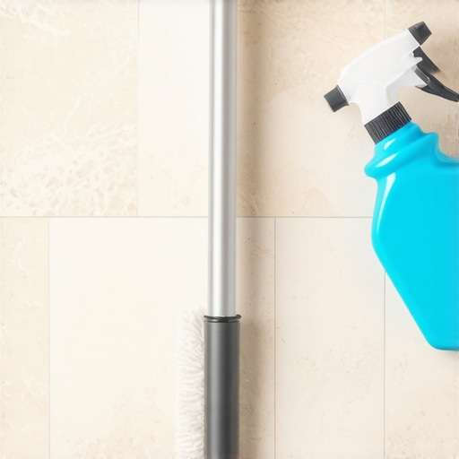 Professional microfiber mop and pH-neutral cleaner on a natural stone tile floor