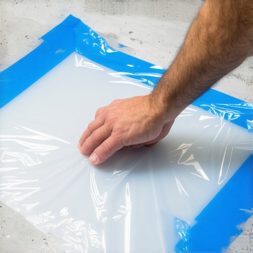 Moisture Testing on Concrete Subfloor Contractor performing a plastic sheet moisture test on a concrete slab