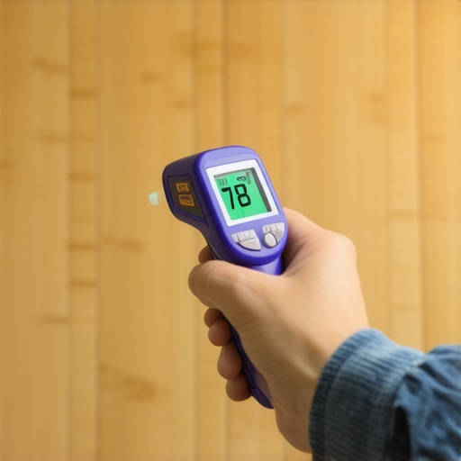 Monitoring Bamboo Floor Temperature with Infrared Tools Infrared thermometer checking temperature of bamboo flooring over radiant heat