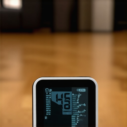 Monitoring Floor Environment for Longevity A digital hygrometer on a hardwood floor to monitor humidity levels