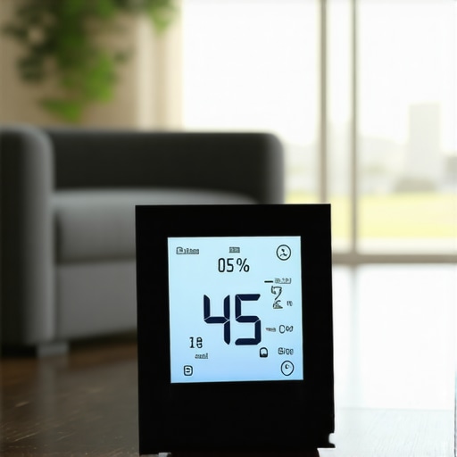 Monitoring Indoor Humidity for Floor Health A digital hygrometer showing optimal humidity levels on a hardwood floor.