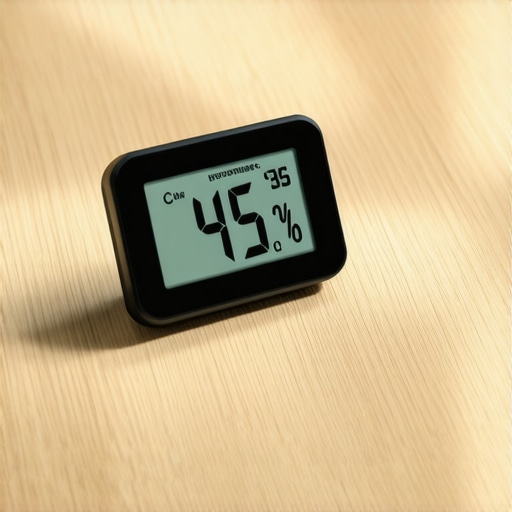 Monitoring Indoor Humidity for Hardwood Longevity A digital hygrometer on a white oak floor displaying ideal 45 percent humidity.