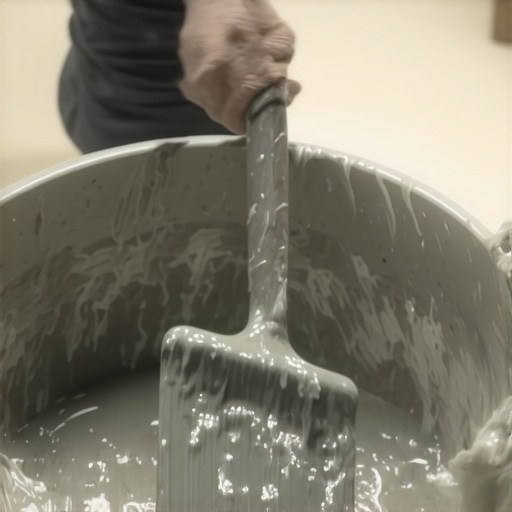 Perfect Grout Mixing Consistency Close-up of mixing grout in a bucket with a paddle drill to reach a thick consistency.