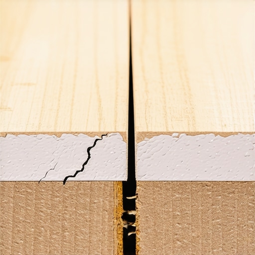 Plywood Seam Deflection Crack Detail of a crack in self-leveling compound caused by the lack of an uncoupling membrane over a plywood subfloor seam.