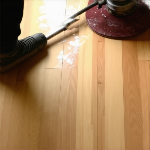 Pole sanding hardwood between coats Close up of pole sander on hardwood floor with fine white dust showing inter-coat abrasion