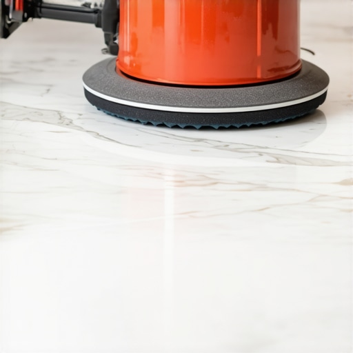 Polishing Marble to a High Gloss A handheld floor polisher restoring the shine on a dull Carrara marble floor.