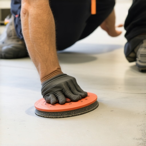 Hand polishing a concrete patch with a professional diamond pad
