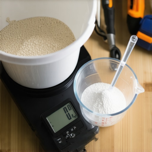 Precise Grout Measurement Tools Measuring dry grout powder with a digital scale and water to ensure color consistency.