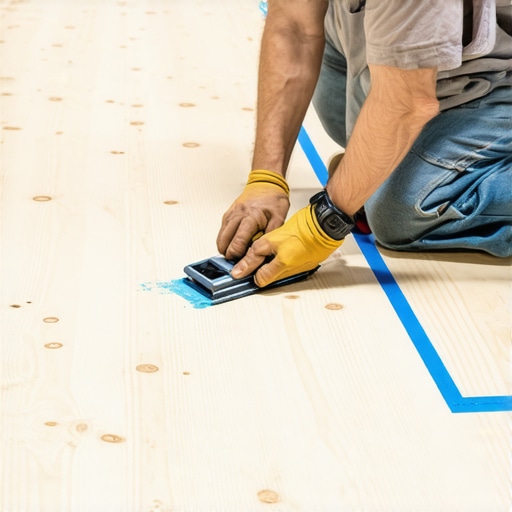 Precision Chalk Line Setup on Subfloor An installer snapping an ultra-thin blue chalk line on a clean plywood subfloor for layout alignment