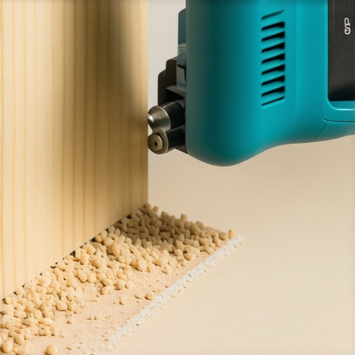 An oscillating multi-tool undercutting a door jamb for a hardwood floor transition.