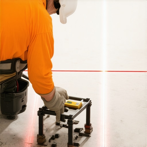 Precision Floor Leveling Tools A contractor using a box beam level and laser for perfect floor leveling preparation.